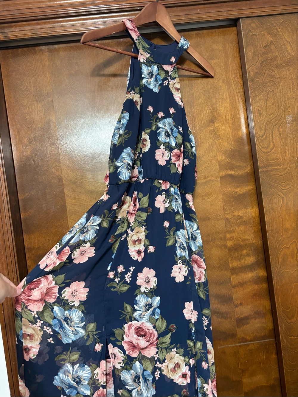 Crystal Doll Navy Floral Halter Maxi Dress with Pink & Blue Blooms